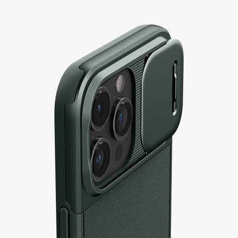 ACS06599 - iPhone 15 Pro Max Case Optik Armor (MagFit) in black showing the back with lens slot open